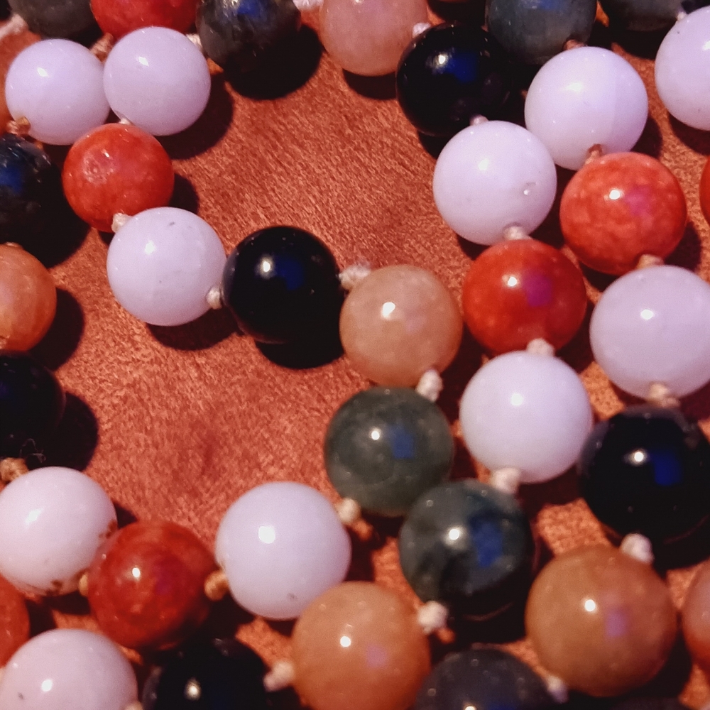 34" Jade Jadeite beaded multicolored necklace. Hand tied silk.